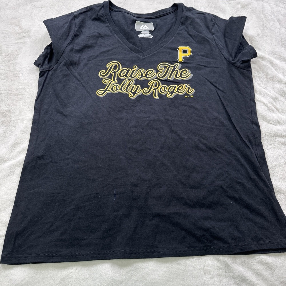 Majestic Pittsburgh Pirates T Shirt Womens XL Black Raise The Jolly Roger V Neck